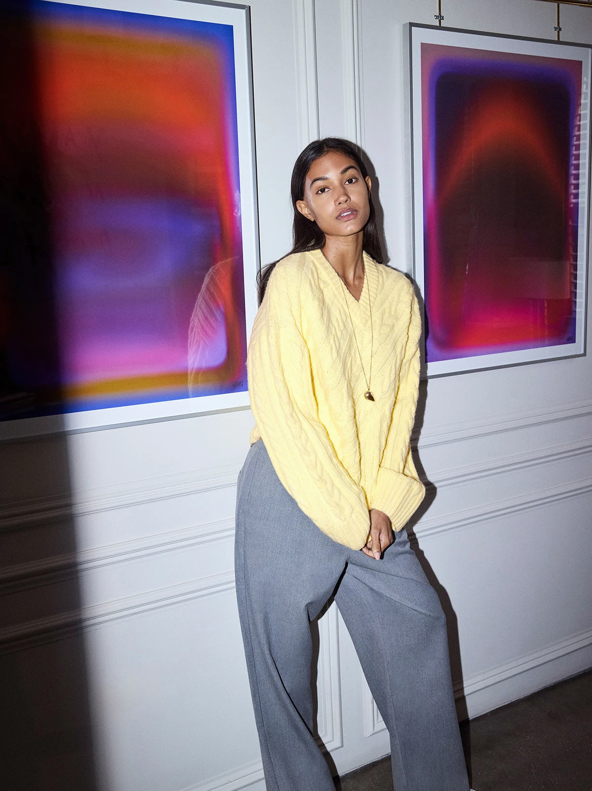 Everly Lemon Cable Knit V-Neck Jumper 2 Everly Lemon Cable Knit V-Neck Jumper - Image 2