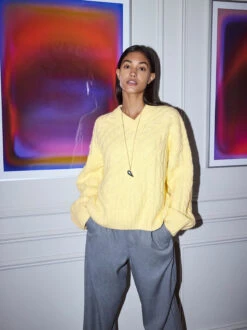 Everly Lemon Cable Knit V-Neck Jumper 6 Everly Lemon Cable Knit V-Neck Jumper -Kitri Studio 2024 05 02 KitriLookbookR25 08 084 v2