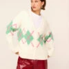 Felicia Ivory Argyle V-Neck Knit Cardigan