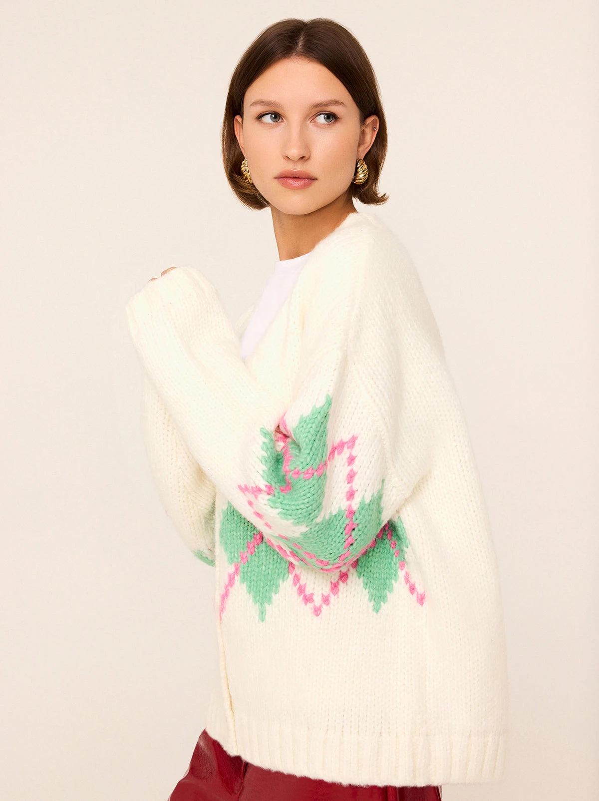 Felicia Ivory Argyle V-Neck Knit Cardigan 4 Felicia Ivory Argyle V-Neck Knit Cardigan - Image 4