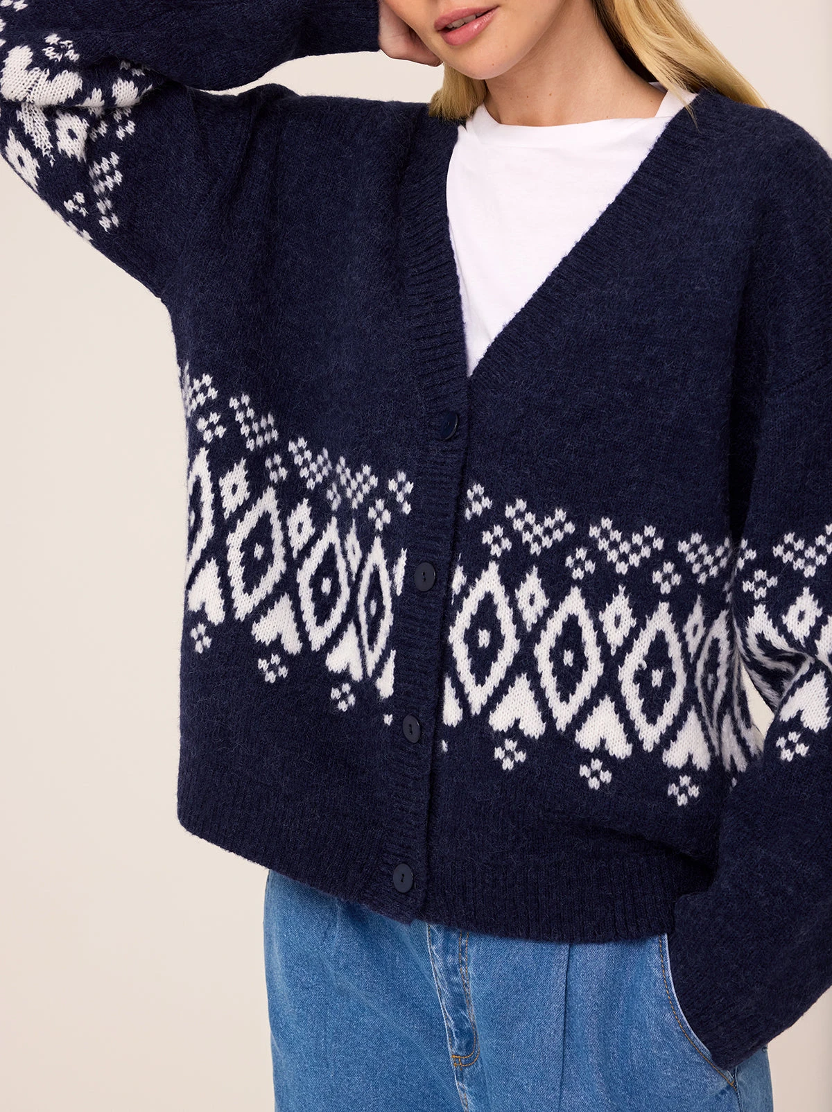 Felicia Navy Fairisle V-Neck Knit Cardigan 2 Felicia Navy Fairisle V-Neck Knit Cardigan - Image 2