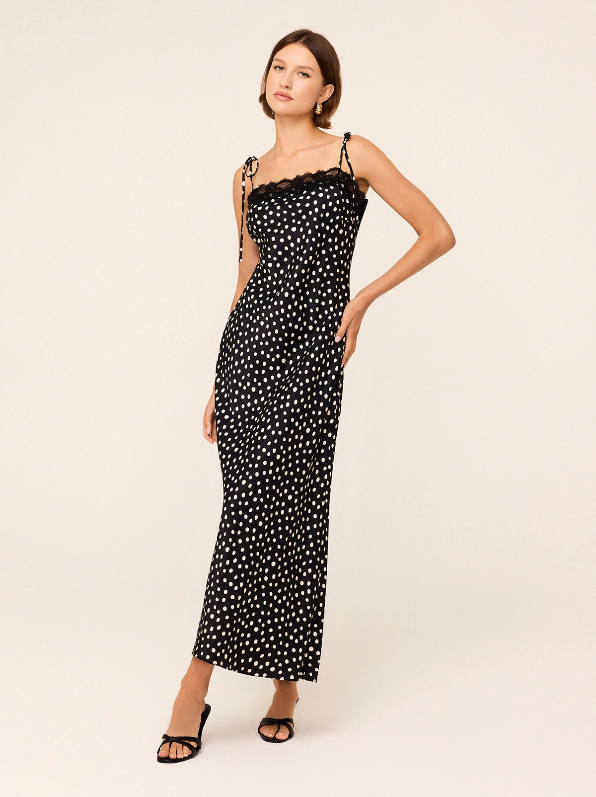 Venetia Black Polka Dot Print Lace Trim Maxi Dress 1 Venetia Black Polka Dot Print Lace Trim Maxi Dress