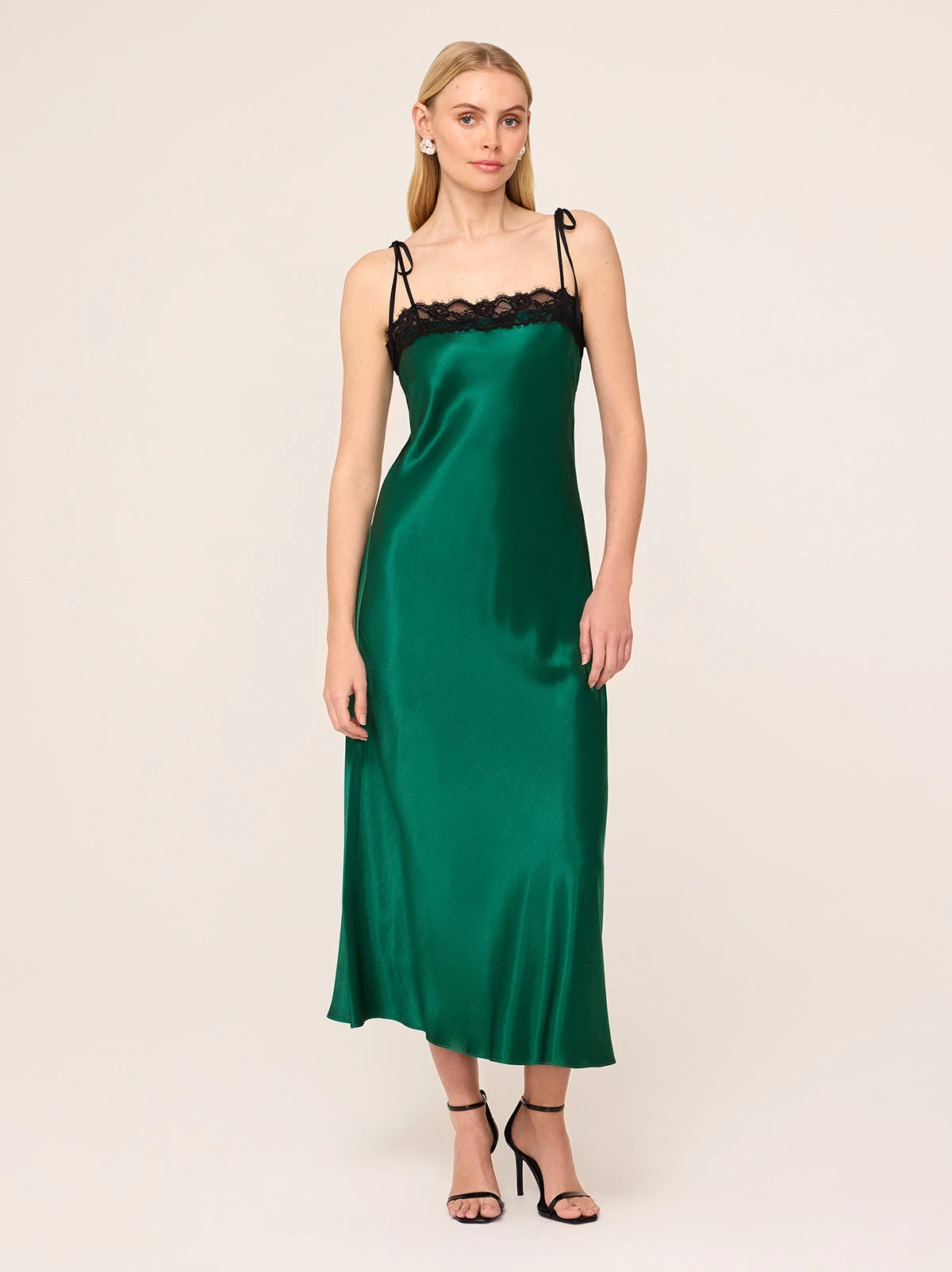 Venetia Green Satin Lace Trim Maxi Dress 1 Venetia Green Satin Lace Trim Maxi Dress