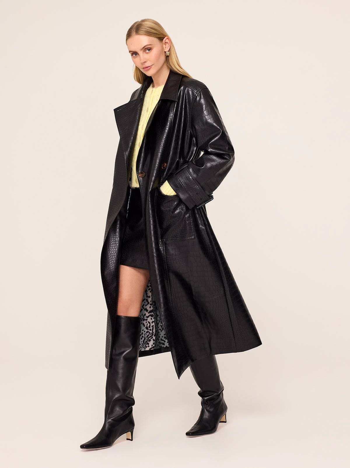 Valeria Black Faux Croc Oversized Trench Coat 1 Valeria Black Faux Croc Oversized Trench Coat