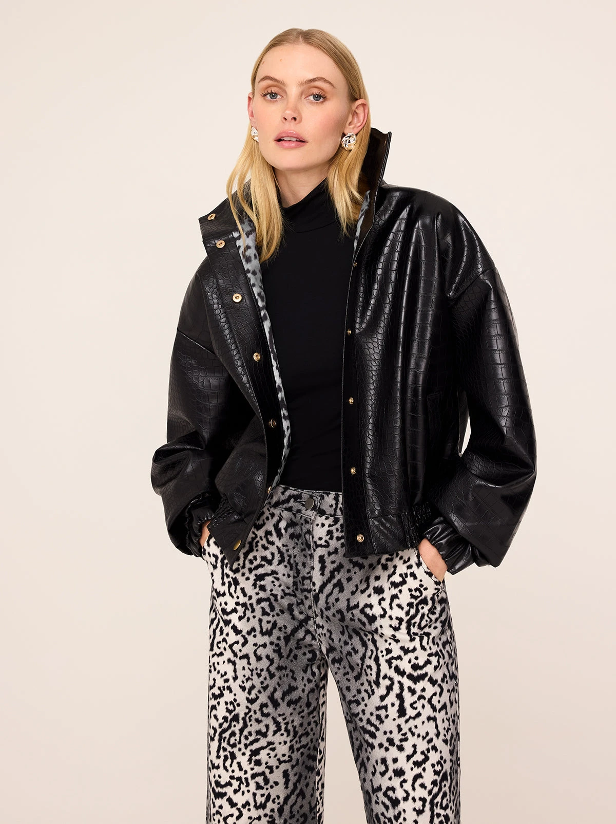 Estelle Black Faux Croc Oversized Bomber Jacket 1 Estelle Black Faux Croc Oversized Bomber Jacket