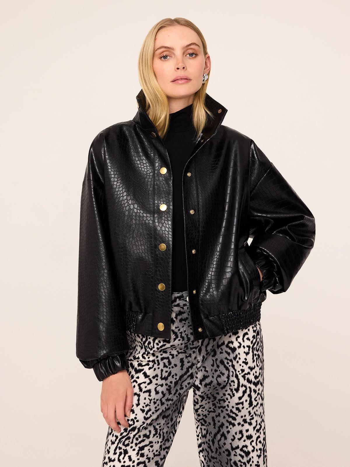 Estelle Black Faux Croc Oversized Bomber Jacket 2 Estelle Black Faux Croc Oversized Bomber Jacket - Image 2