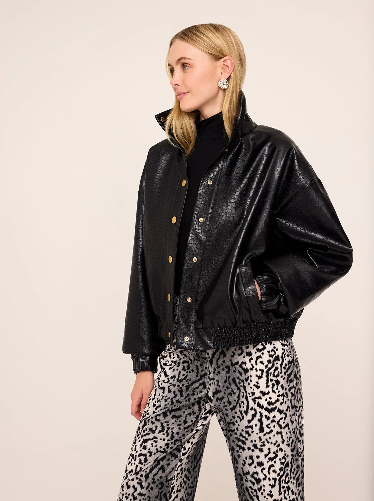 Estelle Black Faux Croc Oversized Bomber Jacket 3 Estelle Black Faux Croc Oversized Bomber Jacket - Image 3