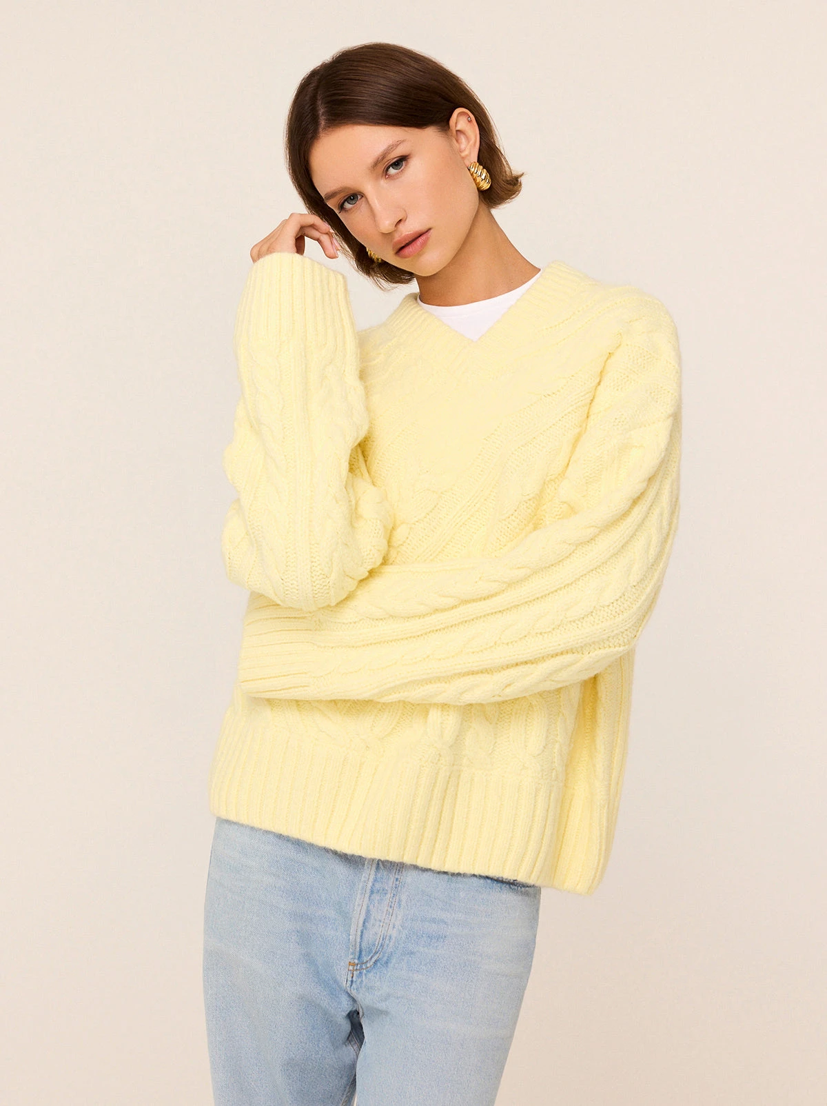 Everly Lemon Cable Knit V-Neck Jumper 1 Everly Lemon Cable Knit V-Neck Jumper