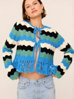 Linden Blue Multi Crochet Knit Cardigan