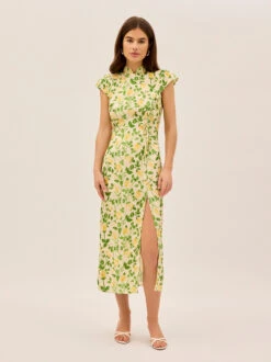 Elena Yellow Rose Printed Jacquard Dress