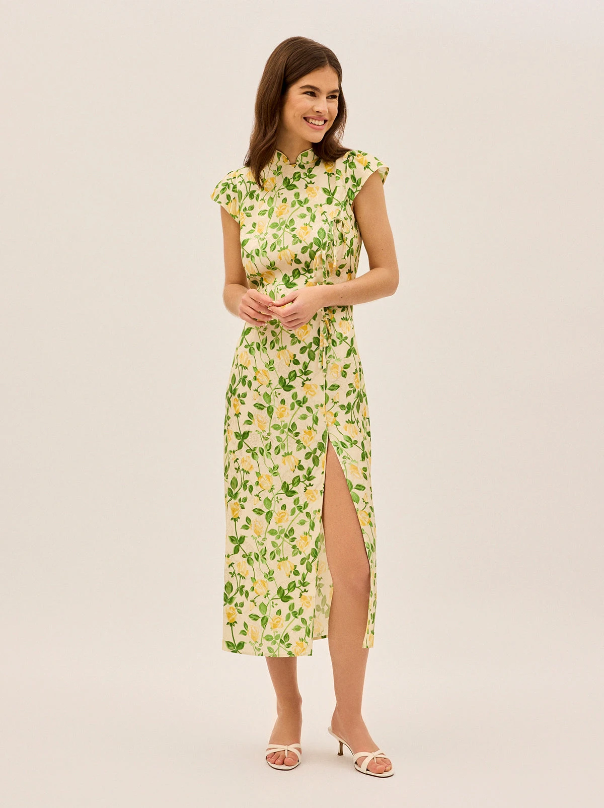 Elena Yellow Rose Printed Jacquard Dress 2 Elena Yellow Rose Printed Jacquard Dress - Image 2