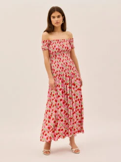 Alma Pink Floral Shirred Maxi Dress