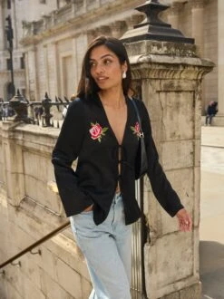 Brooke Embroidered Black Satin Top