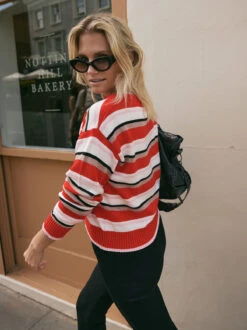 Francis Wool-Blend Striped V-neck Jumper 14 Francis Wool-Blend Striped V-neck Jumper -Kitri Studio FRANCIS RED LOOKBOOK 1