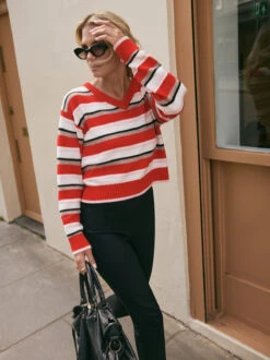 Francis Wool-Blend Striped V-neck Jumper 11 Francis Wool-Blend Striped V-neck Jumper -Kitri Studio FRANCIS RED LOOKBOOK 3