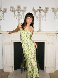 Giulia Yellow Rose Printed Jacquard Tie Shoulder Maxi Dress