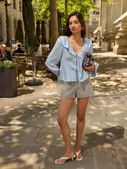 Ione Powder Blue Satin Top 11 Ione Powder Blue Satin Top -Kitri Studio IONE POWDER BLUE HARLEY GREY LOOKBOOK 1