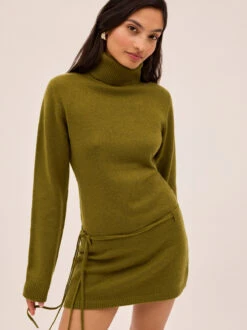 Juno Olive Wool-Blend Roll Neck Mini Dress