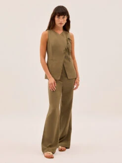 Lea Khaki Tie Front Waistcoat -Kitri Studio LEA OLIVE ECOM 02
