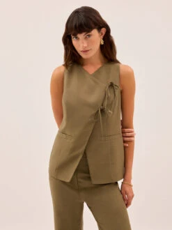 Lea Khaki Tie Front Waistcoat