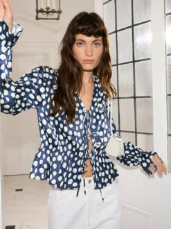 Maia Navy Polka Dot Satin Top