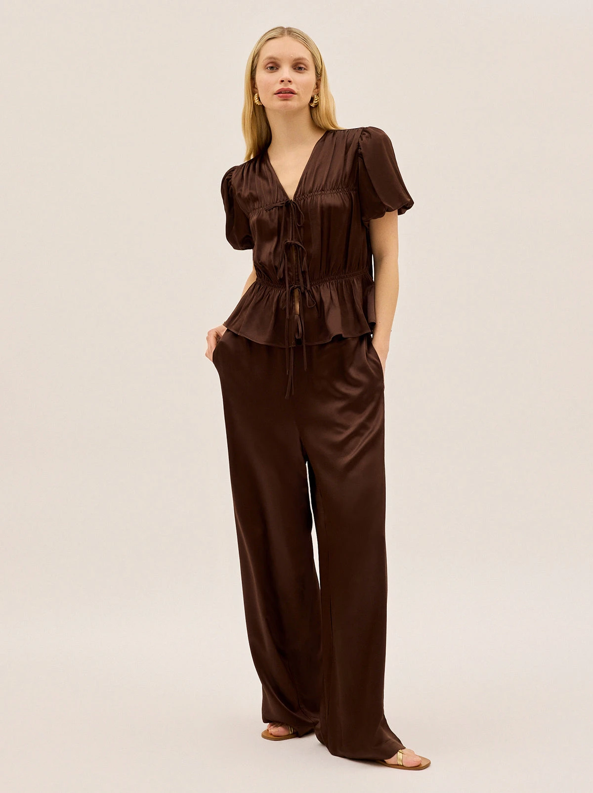 Margaret Chocolate Satin Trousers 2 Margaret Chocolate Satin Trousers - Image 2