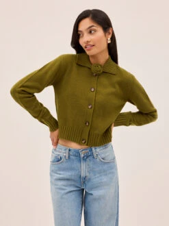 Romy Olive Wool-Blend Collared Cardigan