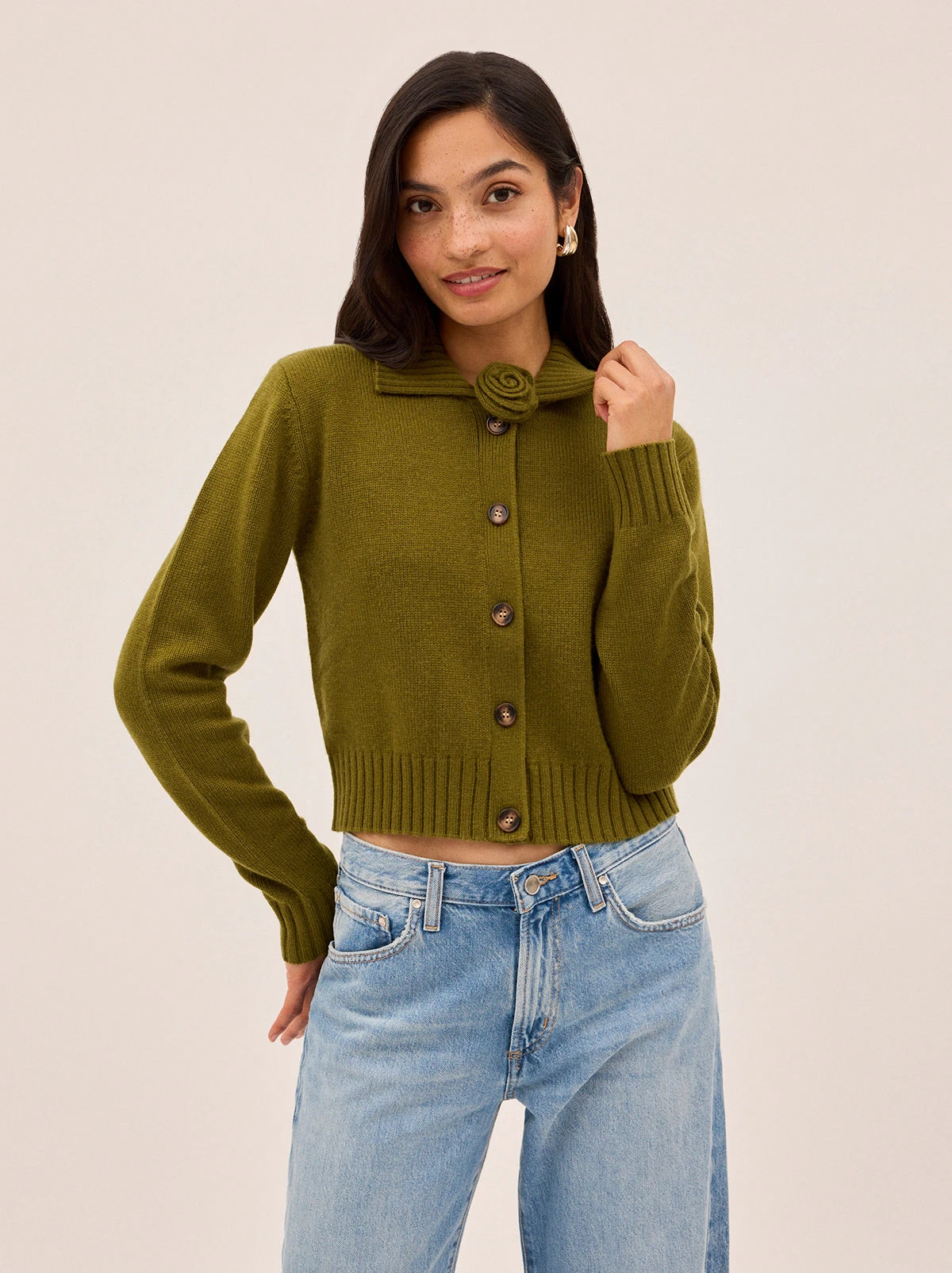 Romy Olive Wool-Blend Collared Cardigan 2 Romy Olive Wool-Blend Collared Cardigan - Image 2