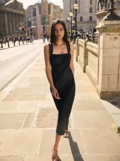 Tabitha Embroidered Black Satin Dress