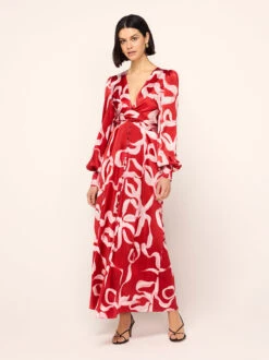 Aurora Red Ribbon Print Maxi Dress