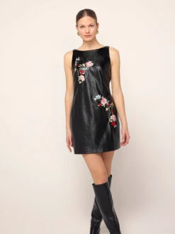 Carolyn Black Embroidered Vinyl Mini Dress