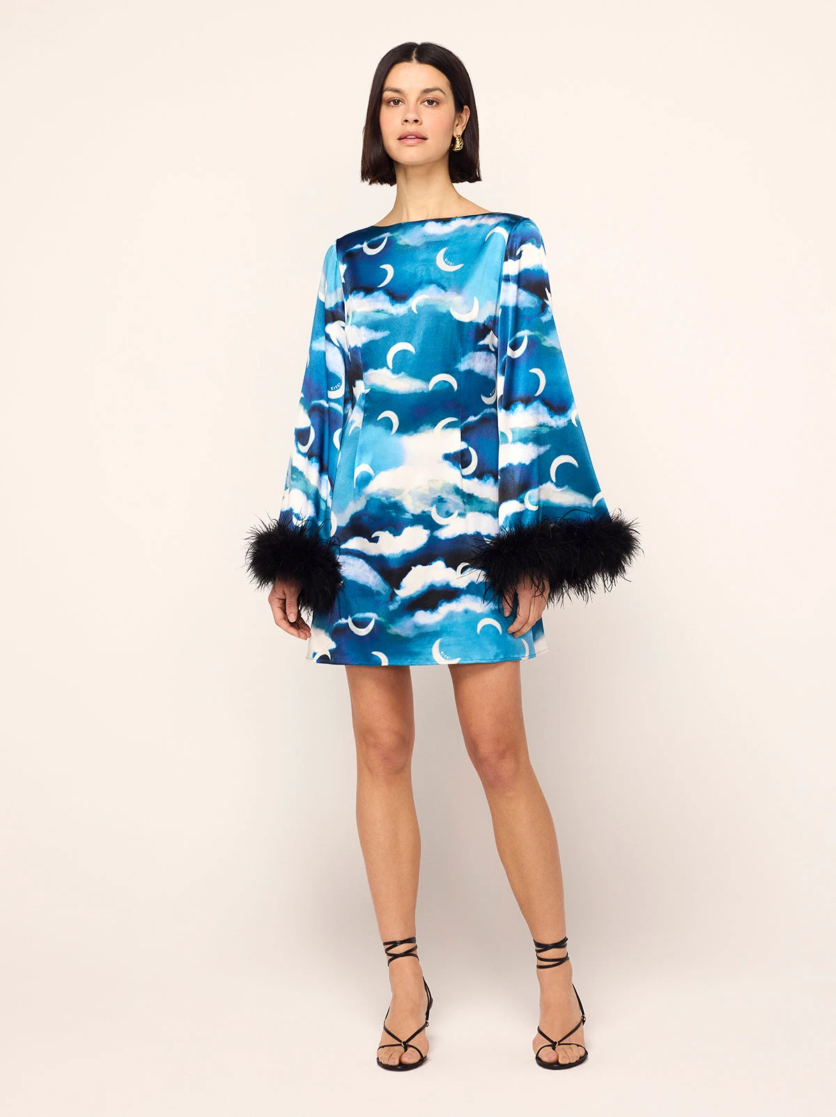 Celina Blue Cloud Print Feather Mini Dress 2 Celina Blue Cloud Print Feather Mini Dress - Image 2