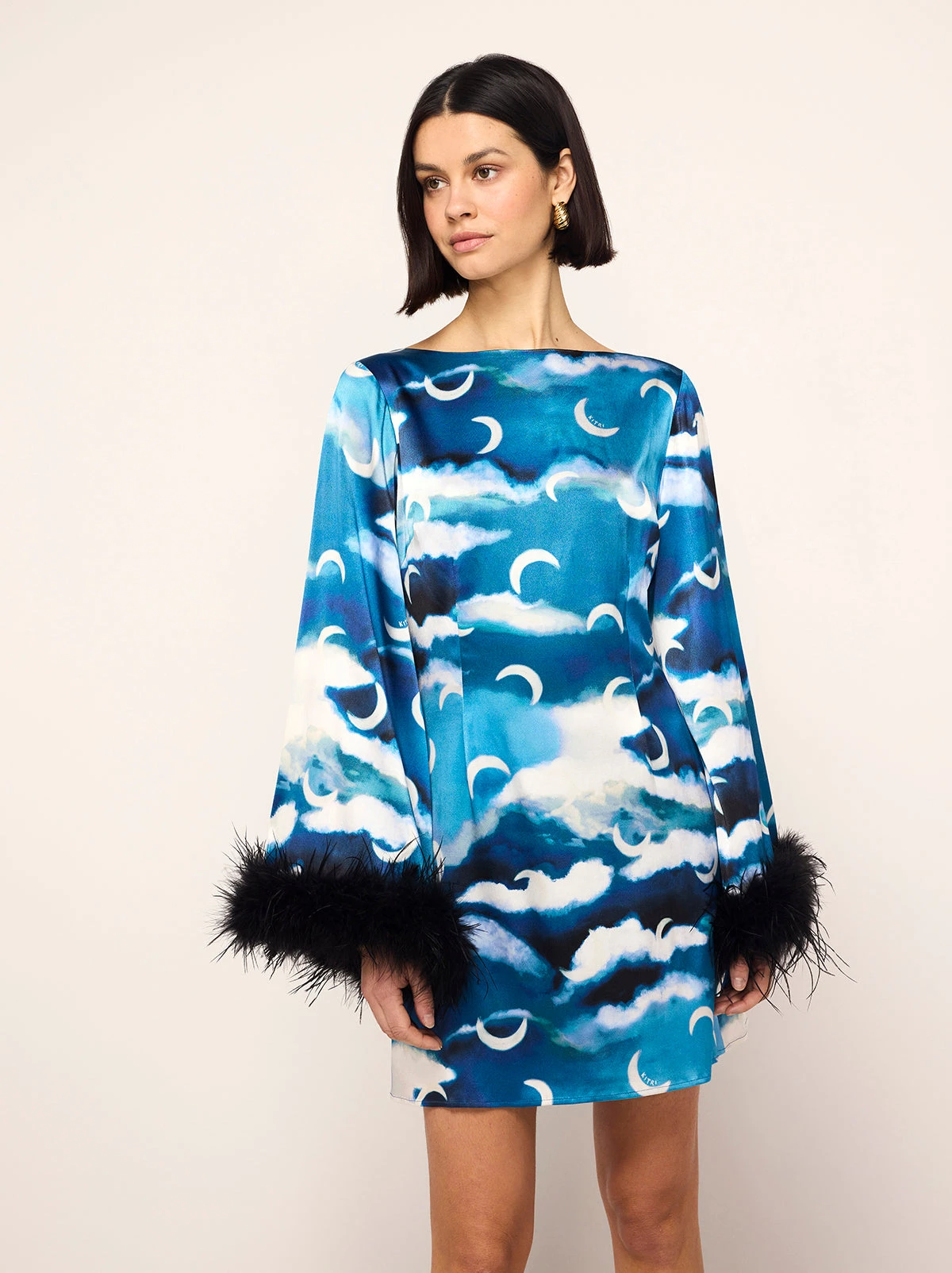 Celina Blue Cloud Print Feather Mini Dress 6 Celina Blue Cloud Print Feather Mini Dress - Image 6