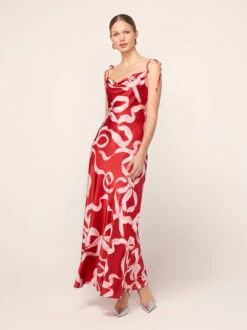 Cindy Red Ribbon Print Maxi Dress