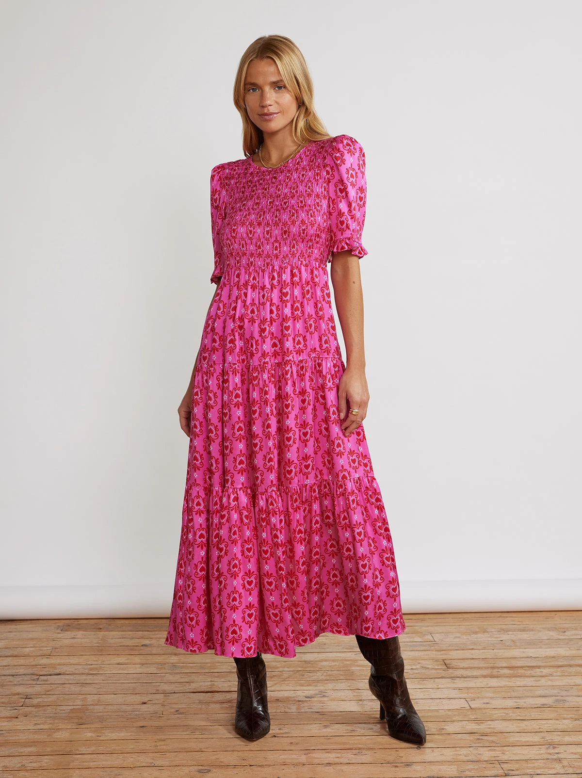 Gracie Pink Heart Print Shirred Dress 3 Gracie Pink Heart Print Shirred Dress - Image 3