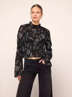 Maxime Black Opera Print Shirred Top
