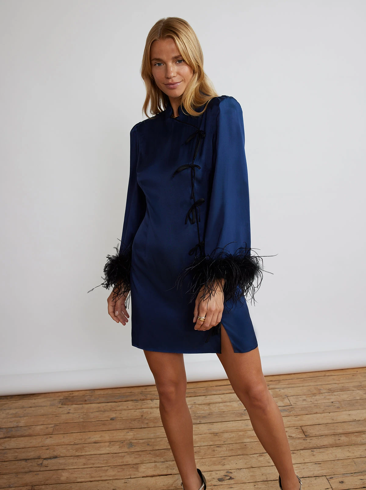 Naomi Navy Satin Feather Mini Dress 6 Naomi Navy Satin Feather Mini Dress - Image 6