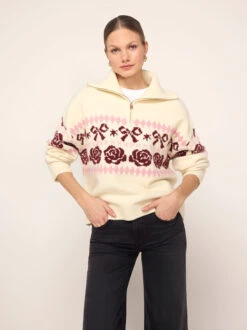 Uma Ivory Bow Fairisle Quarter Zip Sweater