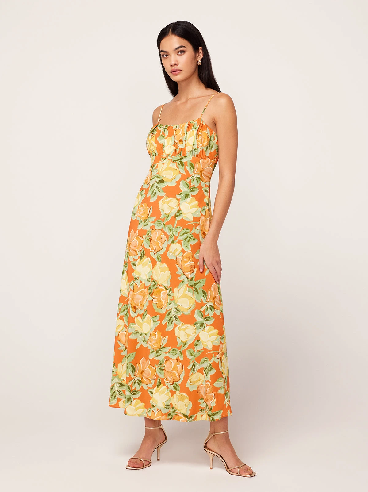 Velma Apricot Painted Floral Print Midi Dress 3 Velma Apricot Painted Floral Print Midi Dress - Image 3